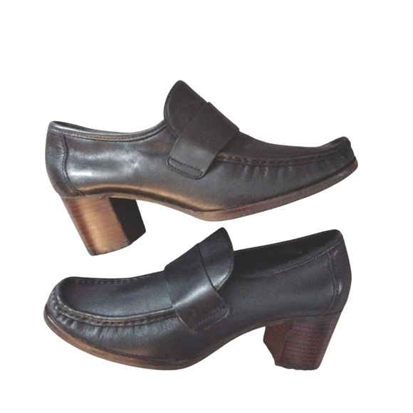 Timberland Black Leather Heeled Loafers Block Heel Shoes Size 7 - Picture 1 of 10